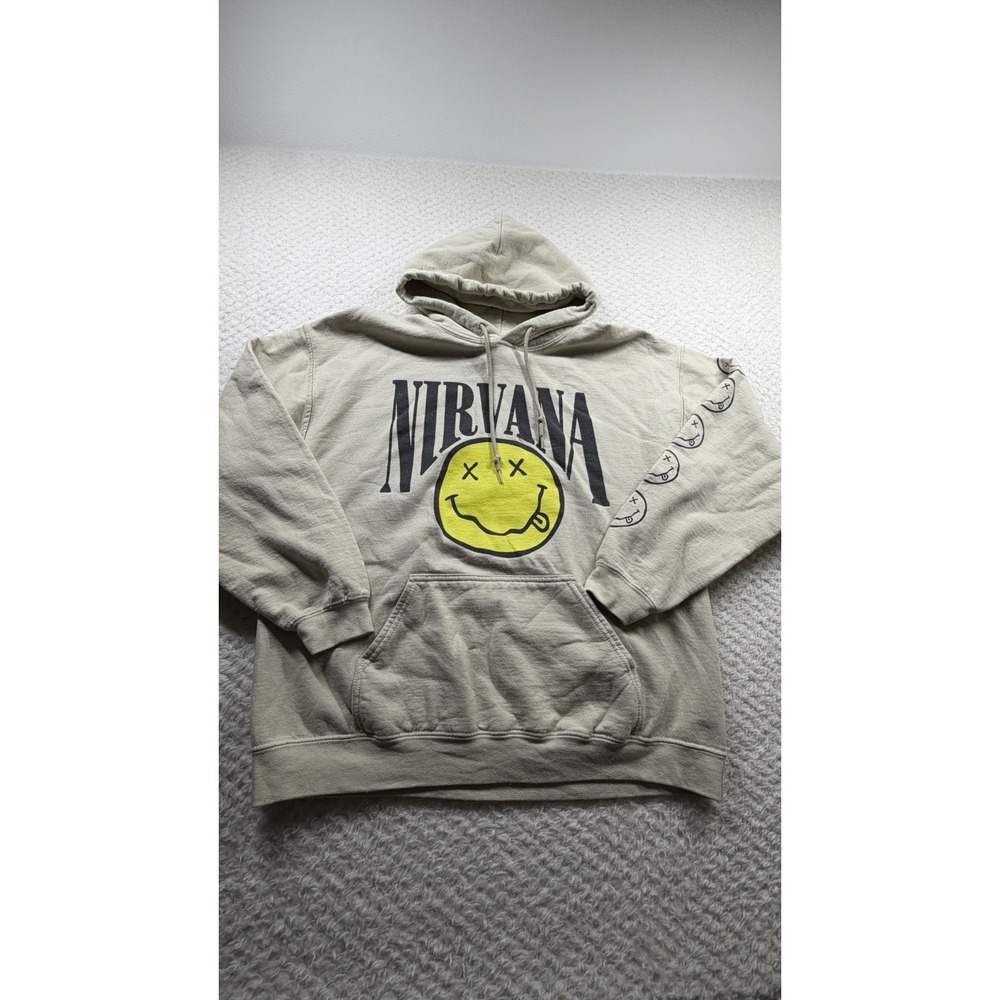 Nirvana Smile Graphic Hoodie Beige Rock Band Grunge Sweatshirt L